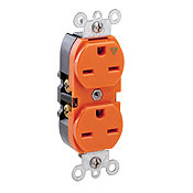 15 Amp, 250 Volt, Industrial Heavy Duty Grade, Duplex Receptacle, Straight Blade, Isolated Ground, Orange
