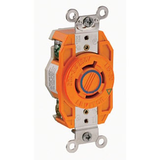 20 Amp, 250 Volt 3-Phase, NEMA L15-20R, 3P, 4W, Flush Mtg Locking Receptacle,Industrial Grade, Isolated Ground, V-0-MAX - Orange