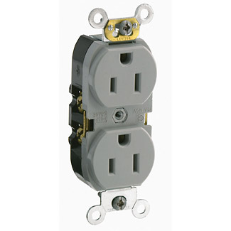 15 Amp, 125 Volt, Slim Body Duplex Receptacle, Smooth Face, Straight Blade, Commercial Grade, Self Grounding, Gray