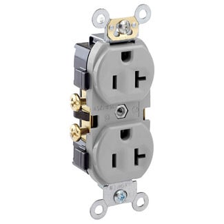 20 Amp, 125 Volt, NEMA 5-20R, 2P, 3W, Narrow Body Duplex Receptacle, Straight Blade, Commercial Grade, Self Grounding, , , Side Wired, Steel Strap, - Gray