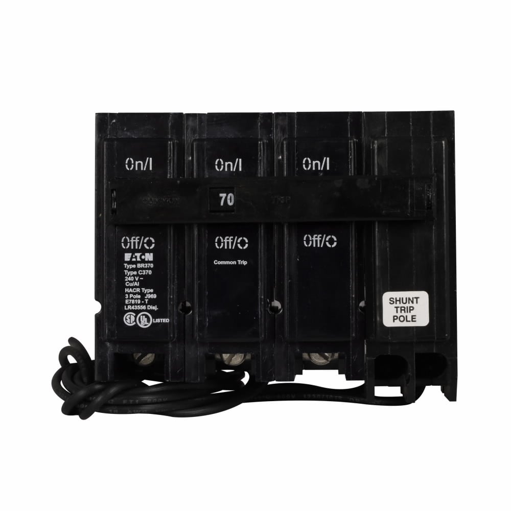 Eaton BR thermal magnetic circuit breaker,Type BR 1-Inch plug-on shunt trip circuit breaker,50 A,10 kAIC,Three-pole,240V,BR,Common breaker trip,#14-4 AWG Cu/Al,Q28,BR,Type BR Loadcenters,Shunt trip included