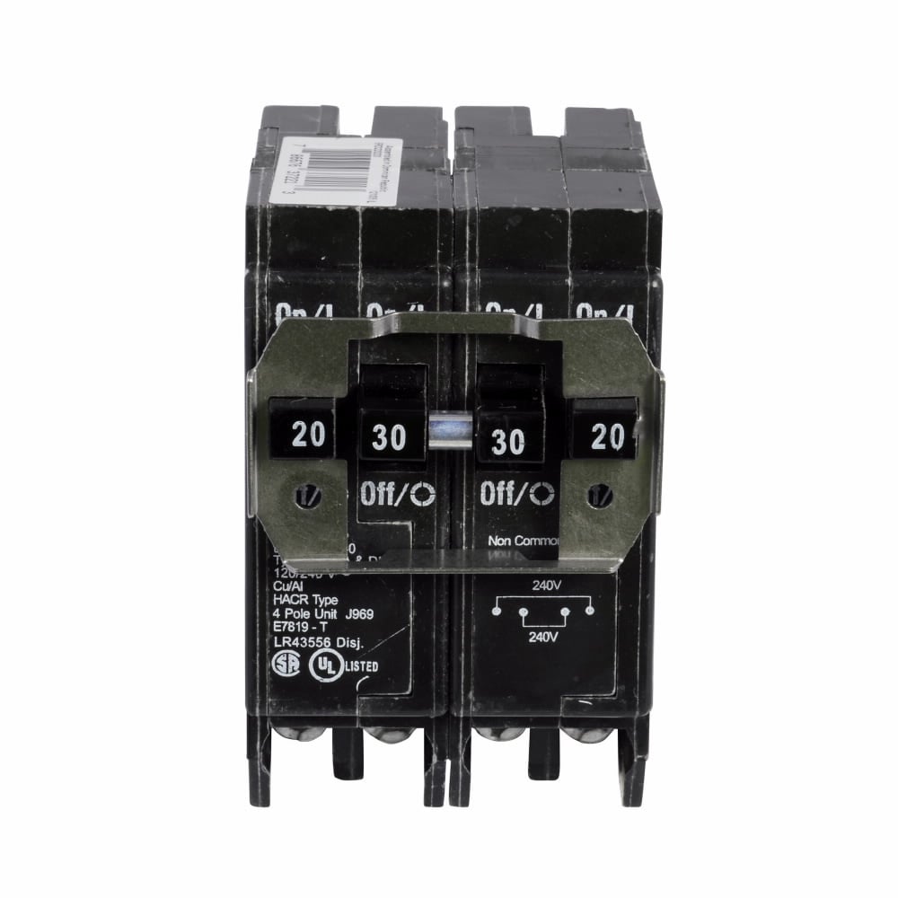 Eaton BR thermal magnetic circuit breaker,Type BR 1-Inch quad circuit breaker,(2) 20 A, (2) 40 A,10 kAIC,Four-pole,120/240V,BRD,Independent,#14-4 AWG Cu/Al,BRD,Type BR Loadcenters