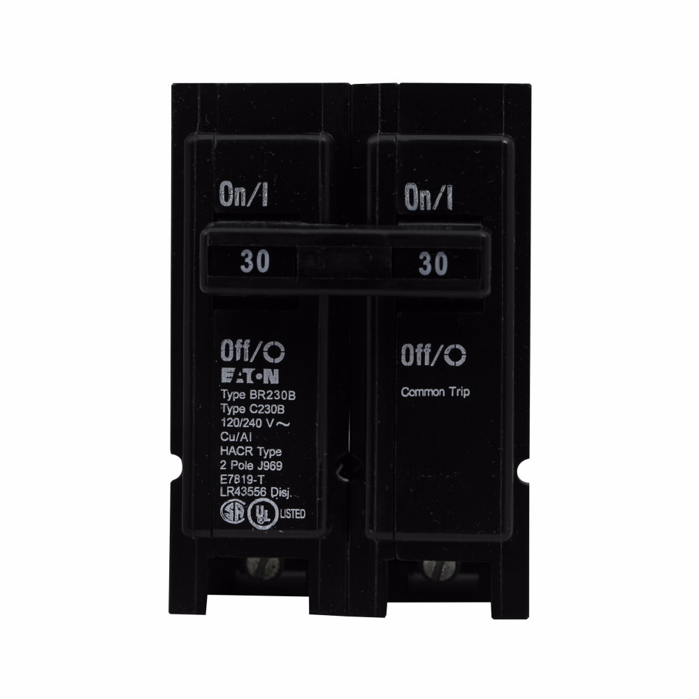 Eaton BR thermal magnetic circuit breaker,Type BR 1-Inch plug-on circuit breaker,Tapped molded opening, special application,30 A,10 kAIC,Two-pole,120/240V,BR,Common breaker trip,#14-4 AWG Cu/Al,Q28,BR,Type BR Loadcenters