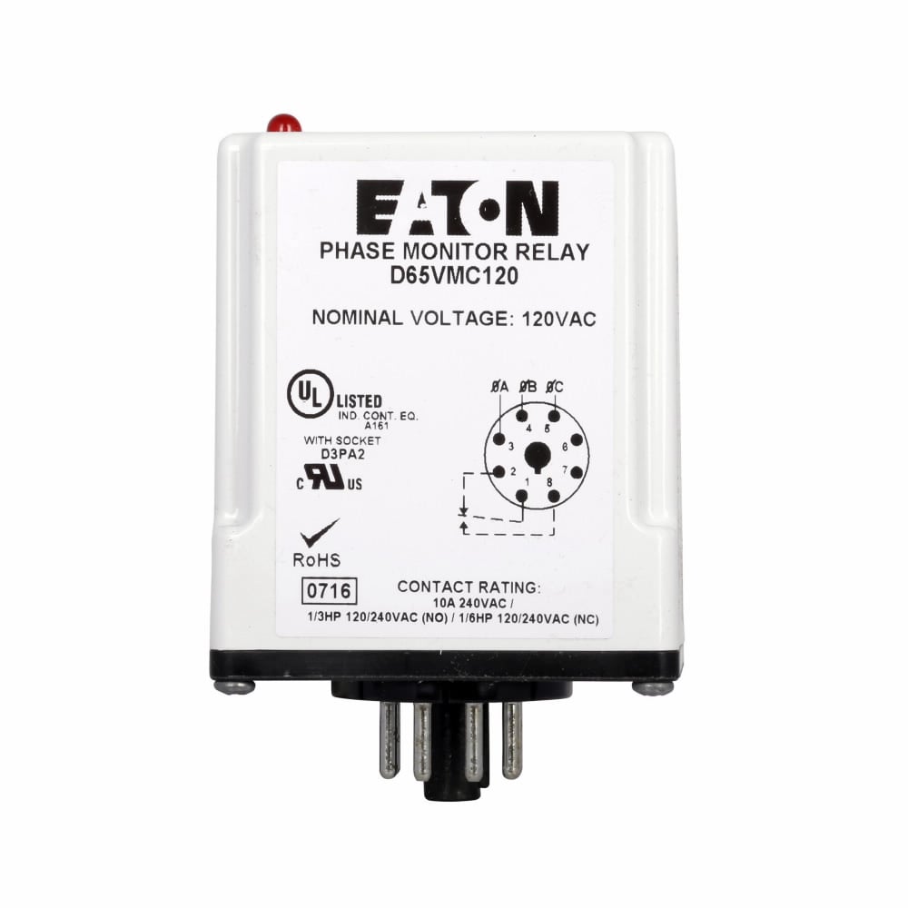 D65 Series Monitoring Relays, 480 Vac, Plug-in octal mounting, Full featured voltage/phase monitor, 240-480V