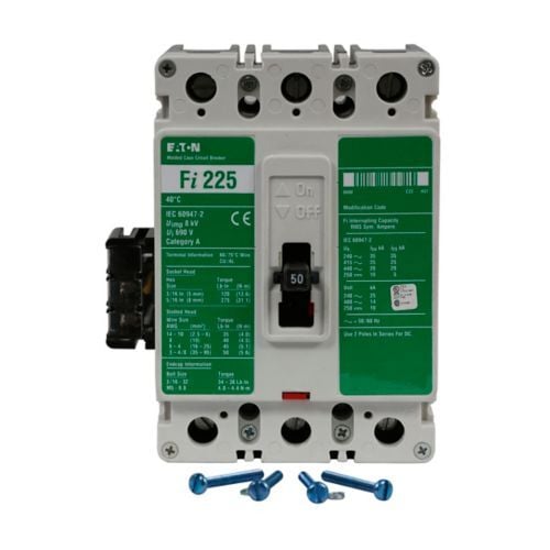 Eaton Series C complete molded case circuit breaker, F-frame, FI, Complete breaker, Thermal-magnetic trip type, Three-pole, 80A, 480 Vac, 14 kAIC at 480 Vac, Line and load, International