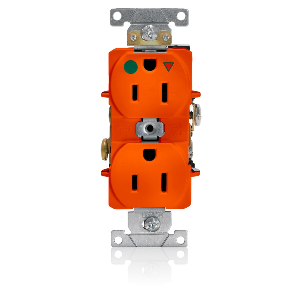 15-Amp, 125-Volt, Narrow Body Duplex Receptacle, Straight Blade, Hospital Grade, Isolated Ground, Back and Side Wired, Orange