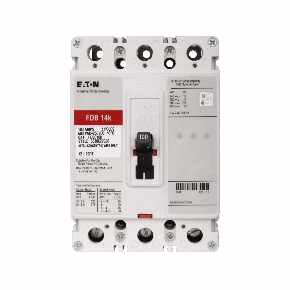 Eaton Series C complete molded case circuit breaker, F-frame, FDB, Complete breaker, Fixed thermal, fixed magnetic trip type, Three-pole, 60A, 600 Vac, 250 Vdc, 18 kAIC at 240 Vac, 14 kAIC at 480 Vac, Load side, 50/60 Hz