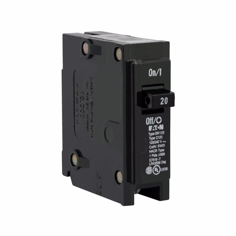 Eaton BR thermal magnetic circuit breaker,Type BR 1-Inch plug-on circuit breaker,20 A,10 kAIC,Single-pole,120/240V,BR,#14-4 AWG Cu/Al,Q1,BR,Type BR loadcenters