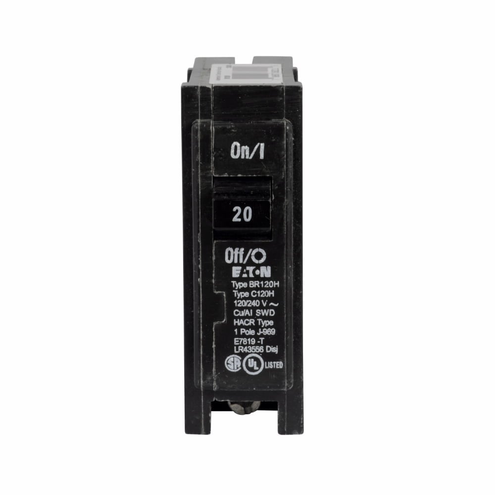 Eaton BR thermal magnetic circuit breaker,Type BR 1-Inch plug-on high-magnetic circuit breaker,High-magnetic,20 A,10 kAIC,Single-pole,120/240V,BR,#14-4 AWG Cu/Al,Q1,BR,Type BR loadcenters