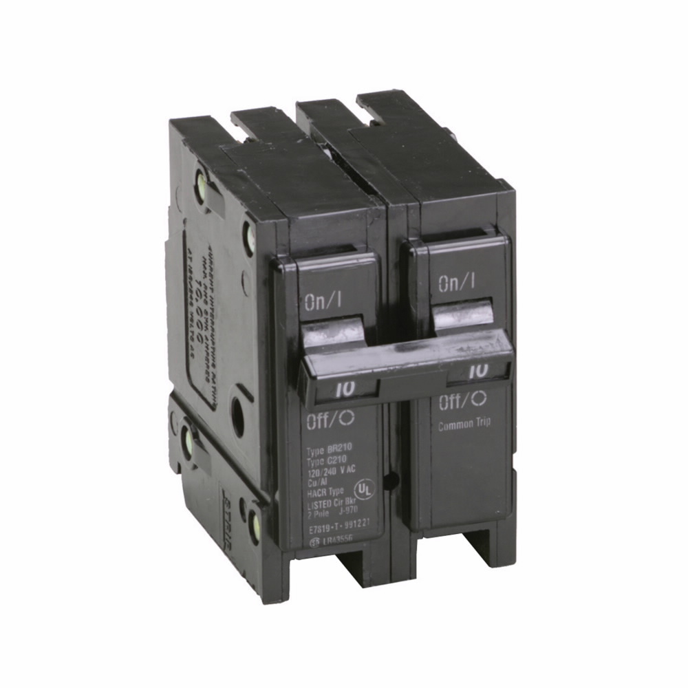 Eaton BR thermal magnetic circuit breaker,Type BR 1-Inch plug-on circuit breaker,10 A,10 kAIC,Two-pole,120/240V,BR,Common breaker trip,#14-4 AWG Cu/Al,Q28,BR,Type BR Loadcenters