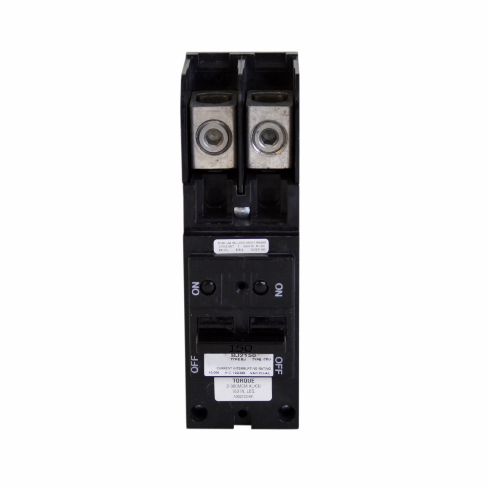 Eaton Type BJ 1-inch Plug-on Main Breakers,1-inch Plug-on main breaker,150 A,10 kAIC,Two-pole,120/240 V,Common,Plug-on,#2 AWG-300 kcmil Cu/Al,BJ