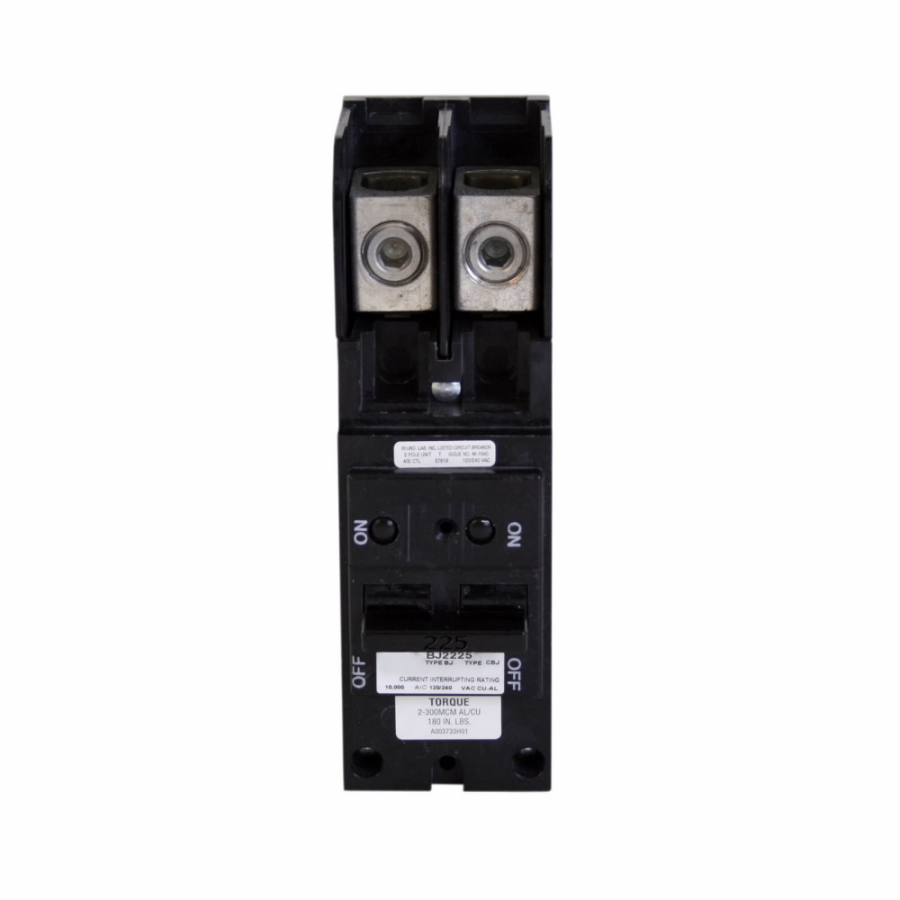 Eaton Type BJ 1-inch Plug-on Main Breakers,1-inch Plug-on main breaker,225 A,10 kAIC,Two-pole,120/240 V,Common,Plug-on,#2 AWG-300 kcmil Cu/Al,BJ