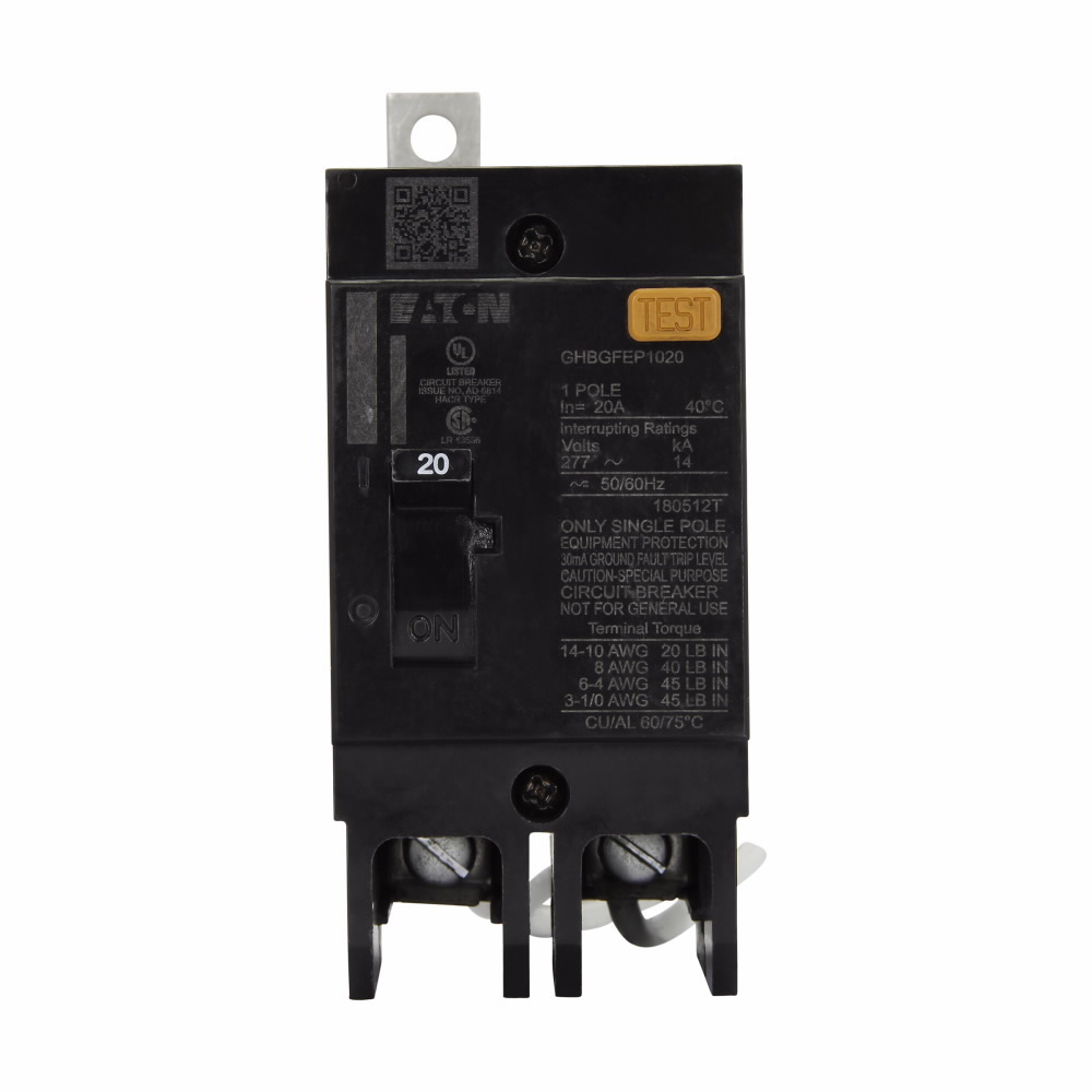 Eaton Series C complete molded case circuit breaker, G-frame, GHB, Fixed thermal, fixed magnetic trip type, Single-pole, 20A, 480Y/277 Vac, 125/250 Vdc, 14 kAIC at 277 Vac, 50/60 Hz