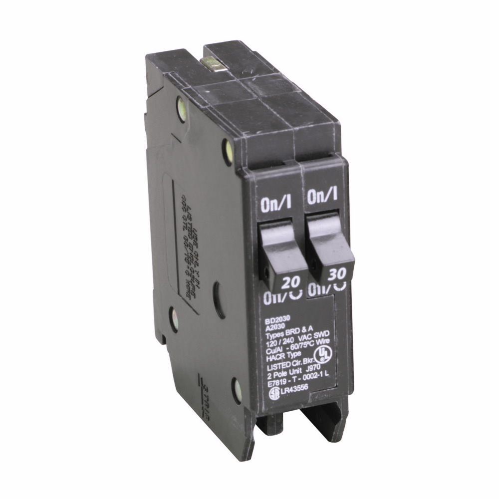 Eaton BR thermal magnetic circuit breaker,Type BD 1-Inch CTL plug-on circuit breaker,Includes rejection tab feature,20-30 A,10 kAIC,Single-pole,120V,BD,#14-4 AWG Cu/Al,BD,Type BR Loadcenters