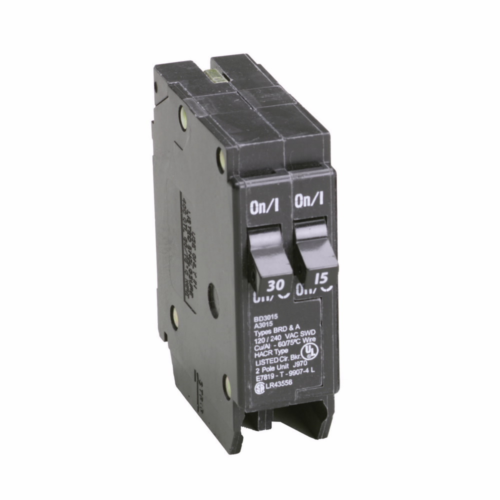 Eaton BR thermal magnetic circuit breaker,Type BD 1-Inch CTL plug-on circuit breaker,Includes rejection tab feature,30-15 A,10 kAIC,Single-pole,120V,BD,#14-4 AWG Cu/Al,BD,Type BR Loadcenters