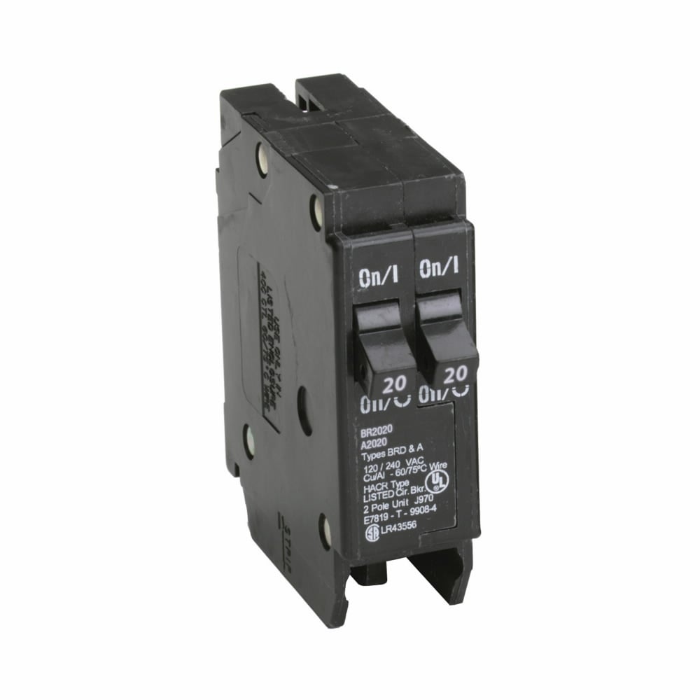 Eaton BR thermal magnetic circuit breaker,Type BR 1-Inch plug-on circuit breaker,20 A,10 kAIC,Two-pole,120V,BR,Common breaker trip,#14-4 AWG Cu/Al,Q28,BR,Type BR Loadcenters