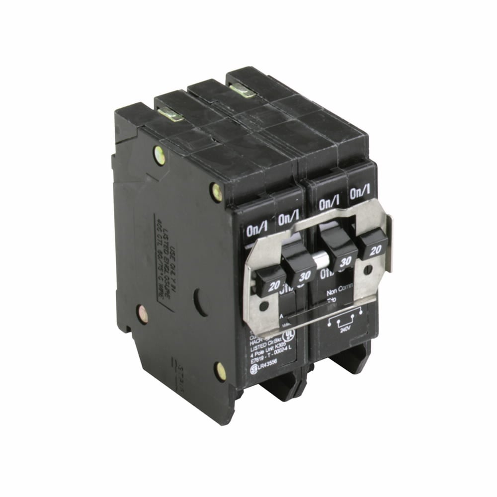 Eaton BR thermal magnetic circuit breaker,Type BQ 1-Inch CTL plug-on circuit breaker,Includes rejection tab feature,(1) Two-Pole 20 A, (1) Two-Pole 30 A,10 kAIC,Four-pole,120/240V,BQ,Independent,#14-4 AWG Cu/Al,Q28,BQ,Type BR Loadcenters