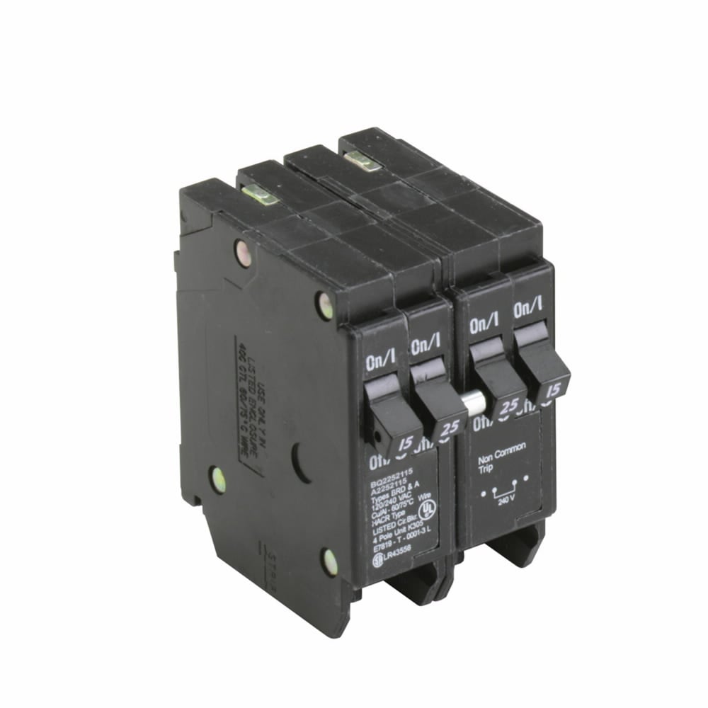 Eaton BR thermal magnetic circuit breaker,Type BQ 1-Inch CTL plug-on circuit breaker,Includes rejection tab feature,(2) Single-Pole 15 A, (1) Two-Pole 25 A,10 kAIC,Four-pole,120/240V,BQ,Independent,#14-4 AWG Cu/Al,Q28,BQ,Type BR Loadcenters