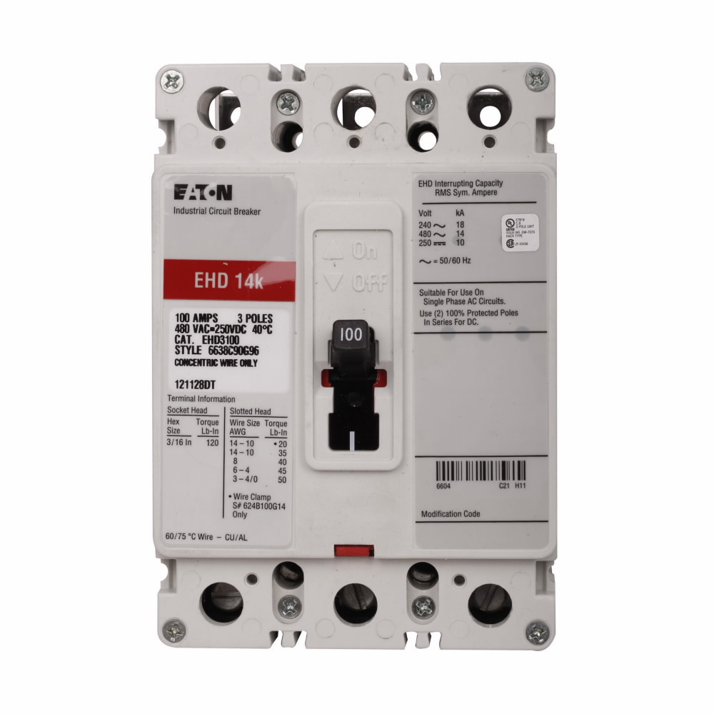 Eaton Series C complete molded case circuit breaker, F-frame, EHD, Complete breaker, Fixed thermal, fixed magnetic trip type, Three-pole, 100A, 18 kAIC at 240 Vac, 14 kAIC at 480 Vac, Line and load, 50/60 Hz