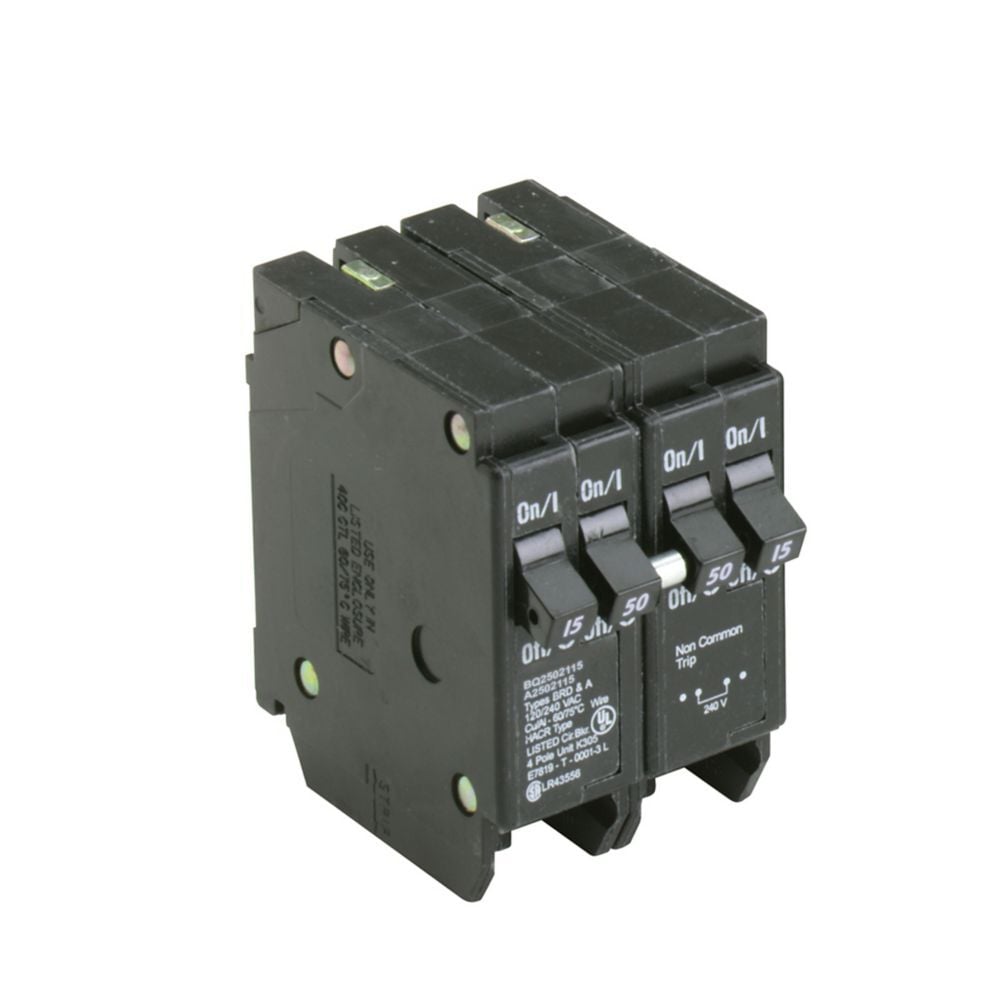 Eaton BR thermal magnetic circuit breaker,Type BQ 1-Inch CTL plug-on circuit breaker,Includes rejection tab feature,(2) Single-Pole 15 A, (1) Two-Pole 50 A,10 kAIC,Four-pole,120/240V at 50A, 120V at 15A,BQ,Independent,#14-4 AWG Cu/Al,Q28,BQ