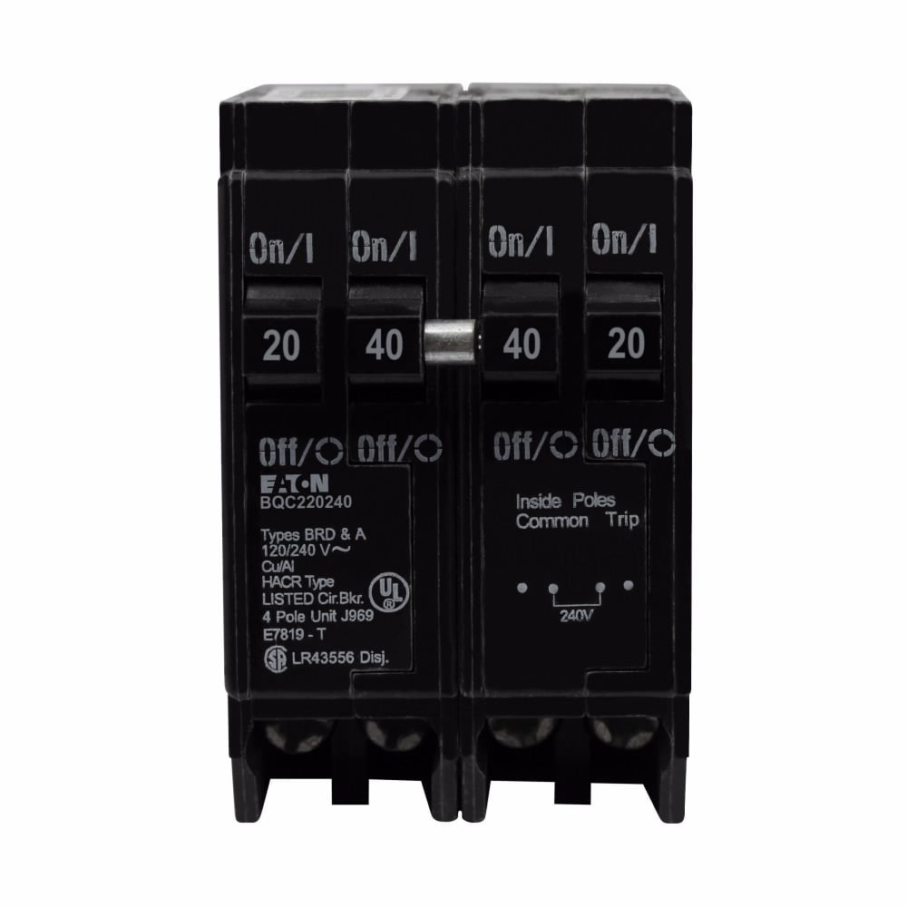 Eaton BR thermal magnetic circuit breaker,Type BQC 1-Inch CTL plug-on circuit breaker,Includes rejection tab feature,(1) Two-Pole 20 A, (1) Two-Pole 40 A,10 kAIC,Four-pole,120/240V,BQC,Common breaker trip,#14-4 AWG Cu/Al,BQC