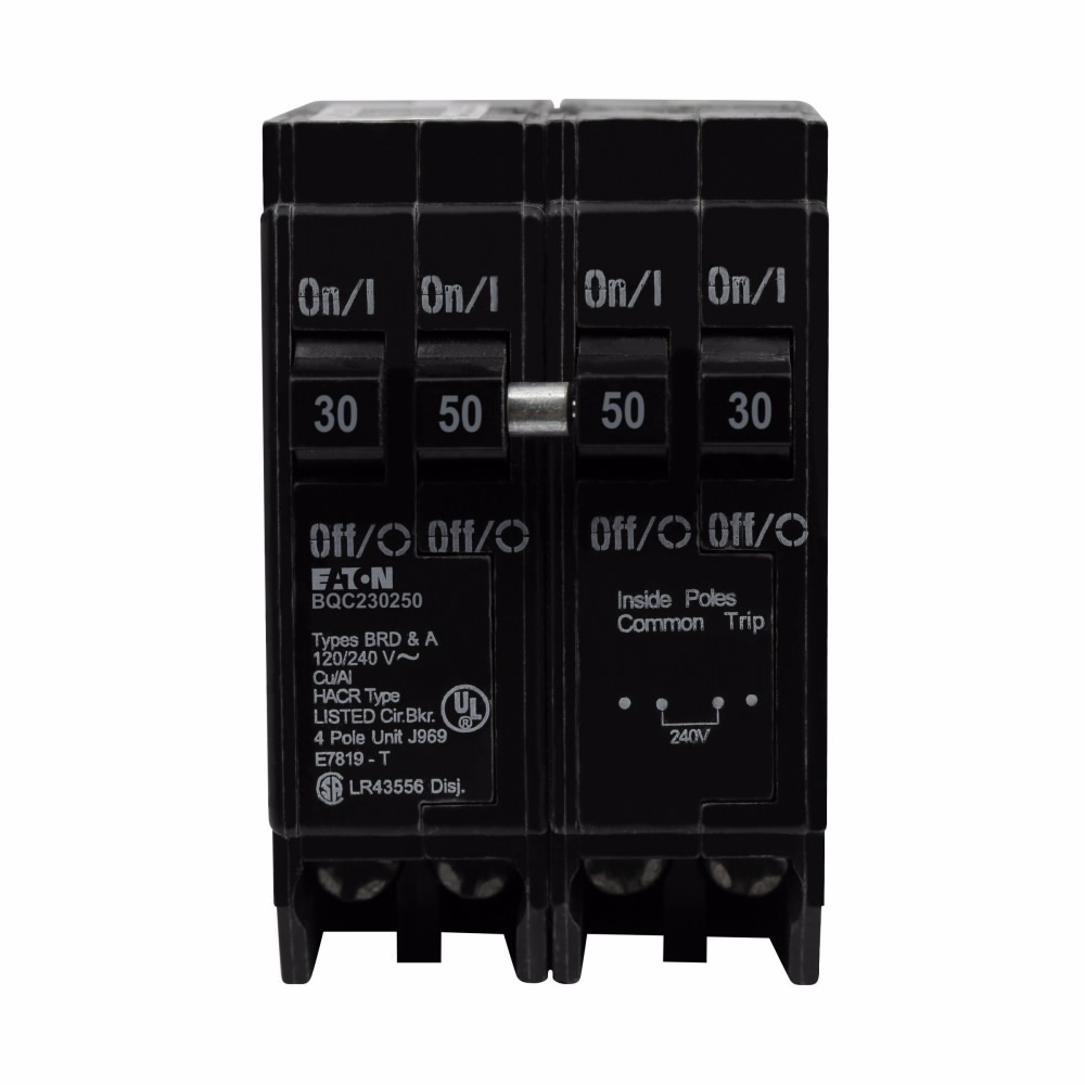 Eaton BR thermal magnetic circuit breaker,Type BQC 1-Inch CTL plug-on circuit breaker,Includes rejection tab feature,(1) Two-Pole 30 A, (1) Two-Pole 50 A,10 kAIC,Four-pole,120/240V,BQC,Common breaker trip,#14-4 AWG Cu/Al,BQC