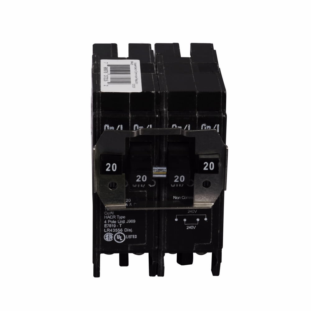 Eaton BR thermal magnetic circuit breaker,Type BR 1-Inch plug-on circuit breaker,20 A,10 kAIC,Four-pole,120/240V,BR,Independent,#14-4 AWG Cu/Al,Q28,BR,Type BR Loadcenters