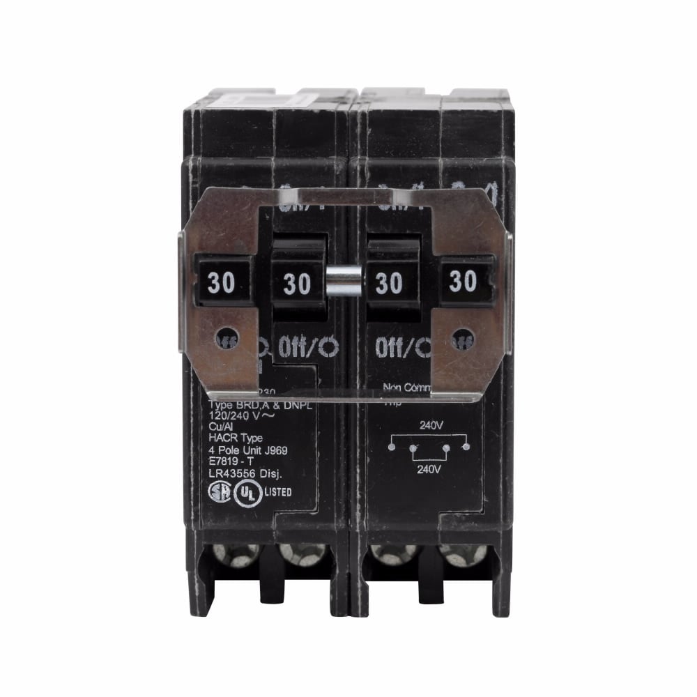 Eaton BR thermal magnetic circuit breaker,Type BR 1-Inch plug-on circuit breaker,30 A,10 kAIC,Four-pole,120/240V,BR,Independent,#14-4 AWG Cu/Al,Q28,BR,Type BR Loadcenters