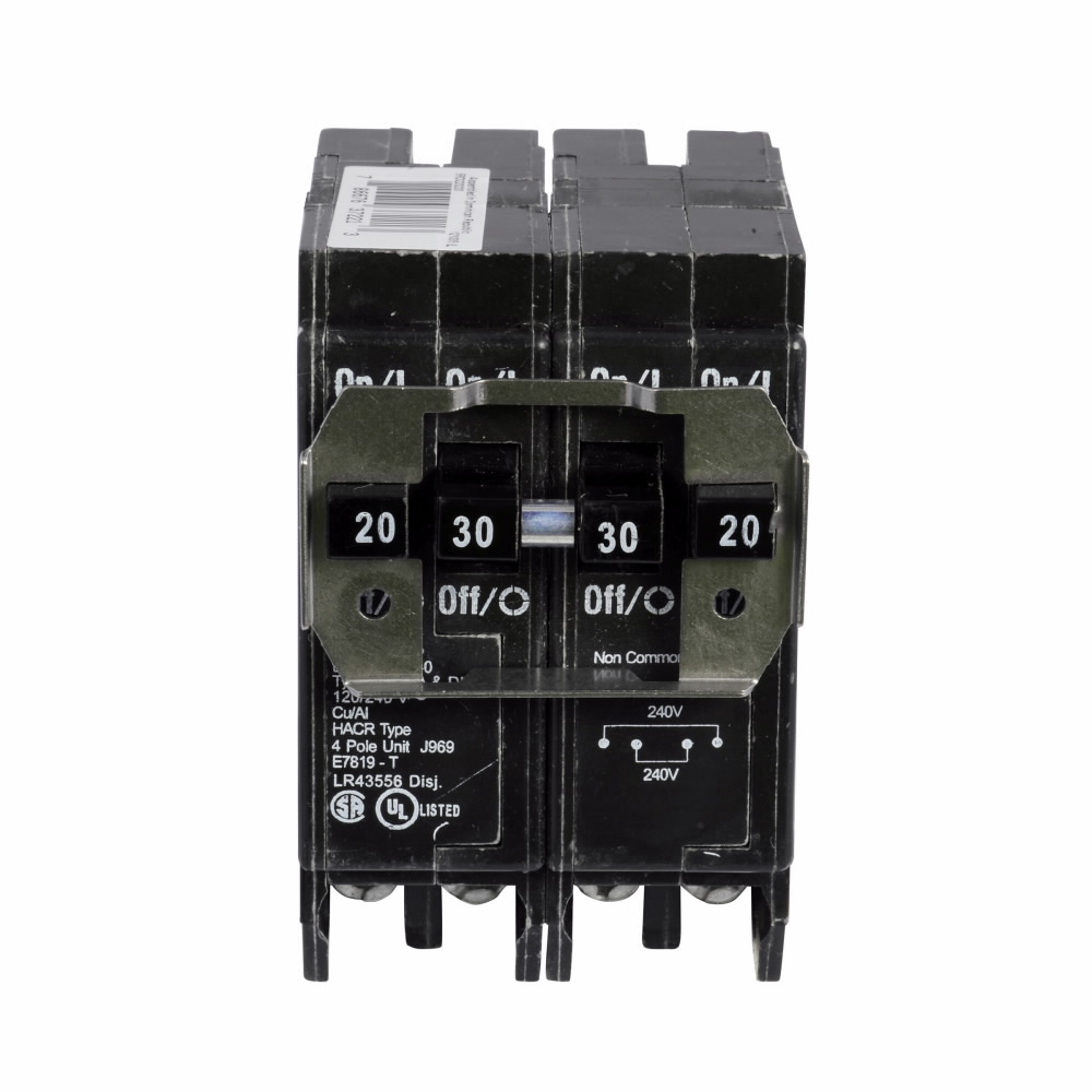 Eaton BR thermal magnetic circuit breaker,Type BR 1-Inch quad circuit breaker,(2) 30 A, (2) 40 A,10 kAIC,Four-pole,120/240V,BRD,Independent,#14-4 AWG Cu/Al,BRD,Type BR Loadcenters