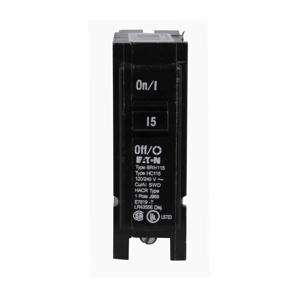 Eaton BR thermal magnetic circuit breaker,Type BR 1-Inch plug-on circuit breaker,15 A,22 kAIC,Single-pole,120/240V,BRH,#14-4 AWG Cu/Al,BRH,Type BR Loadcenters
