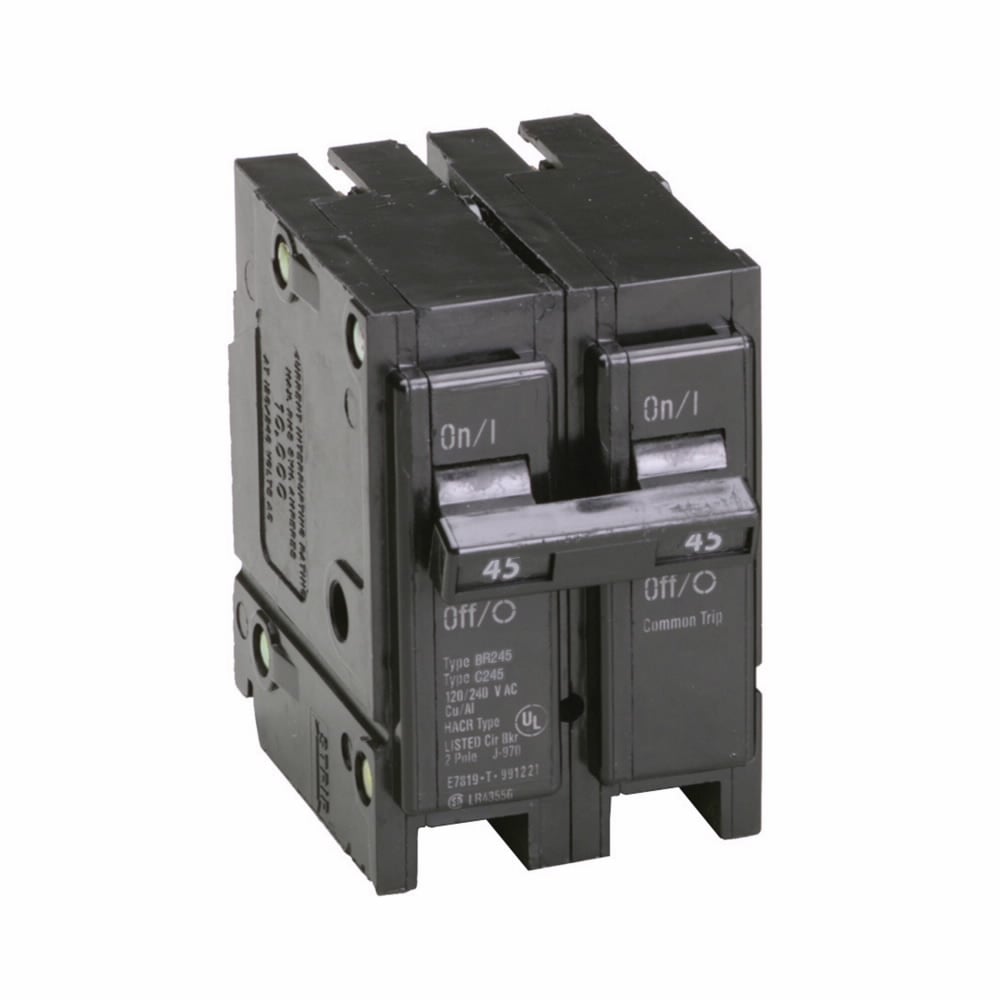 Eaton BR thermal magnetic circuit breaker,Type BR 1-Inch plug-on circuit breaker,45 A,10 kAIC,Two-pole,120/240V,BR,Common breaker trip,#14-4 AWG Cu/Al,Q28,BR,Type BR Loadcenters