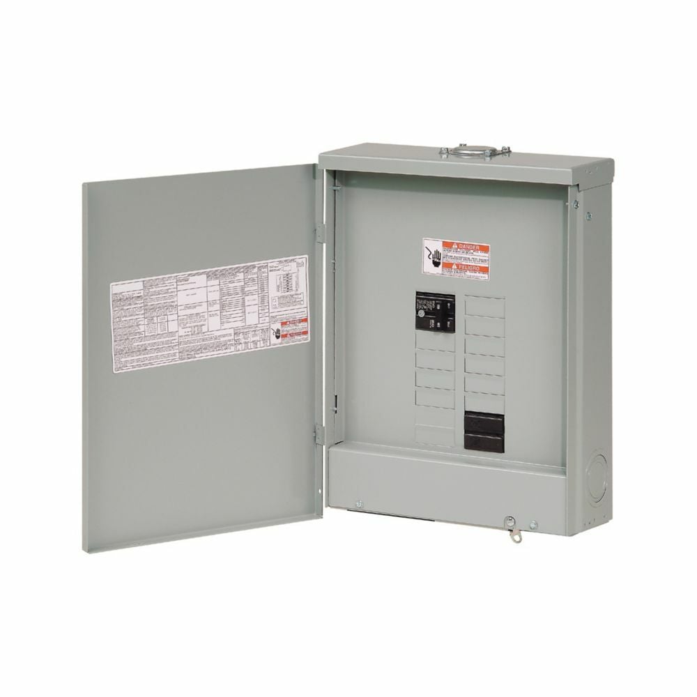 BR style 1-inch loadcenter, main circuit breaker, feed-through lug, 100A, single-phase, 20-pole, 20 circuits, 10 spaces, 120/240V, #4-1/0 AWG Cu/Al at 60?C or 75?C wire, NEMA 3R enclosure, b2r box size