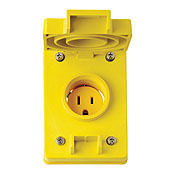 15 Amp, 125 Volt, Narrow Body Single Receptacle, Straight Blade, Industrial Grade, Grounding, Wetguard Flip Lid, Yellow