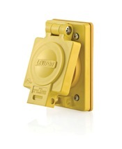 20 Amp, 250 Volt, Narrow Body Single Receptacle, Straight Blade, Industrial Grade, Grounding, Wetguard Flip Lid, Yellow