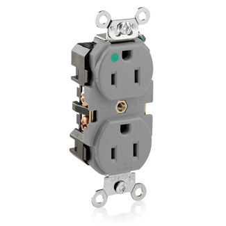15-Amp, 125-Volt, Extra Heavy Duty Hospital Grade, Duplex Receptacle, Straight Blade, Self Grounding, Back and Side Wired, Gray