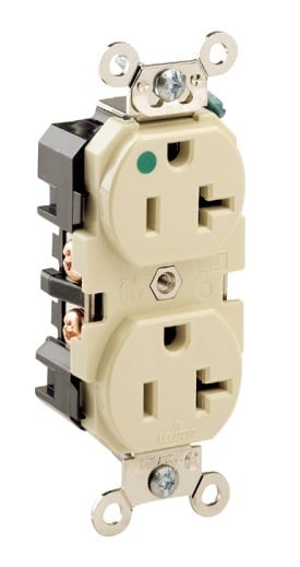 20 Amp, 125 Volt, Extra Heavy Duty Hospital Grade, Duplex Receptacle, Straight Blade, Self Grounding, Ivory