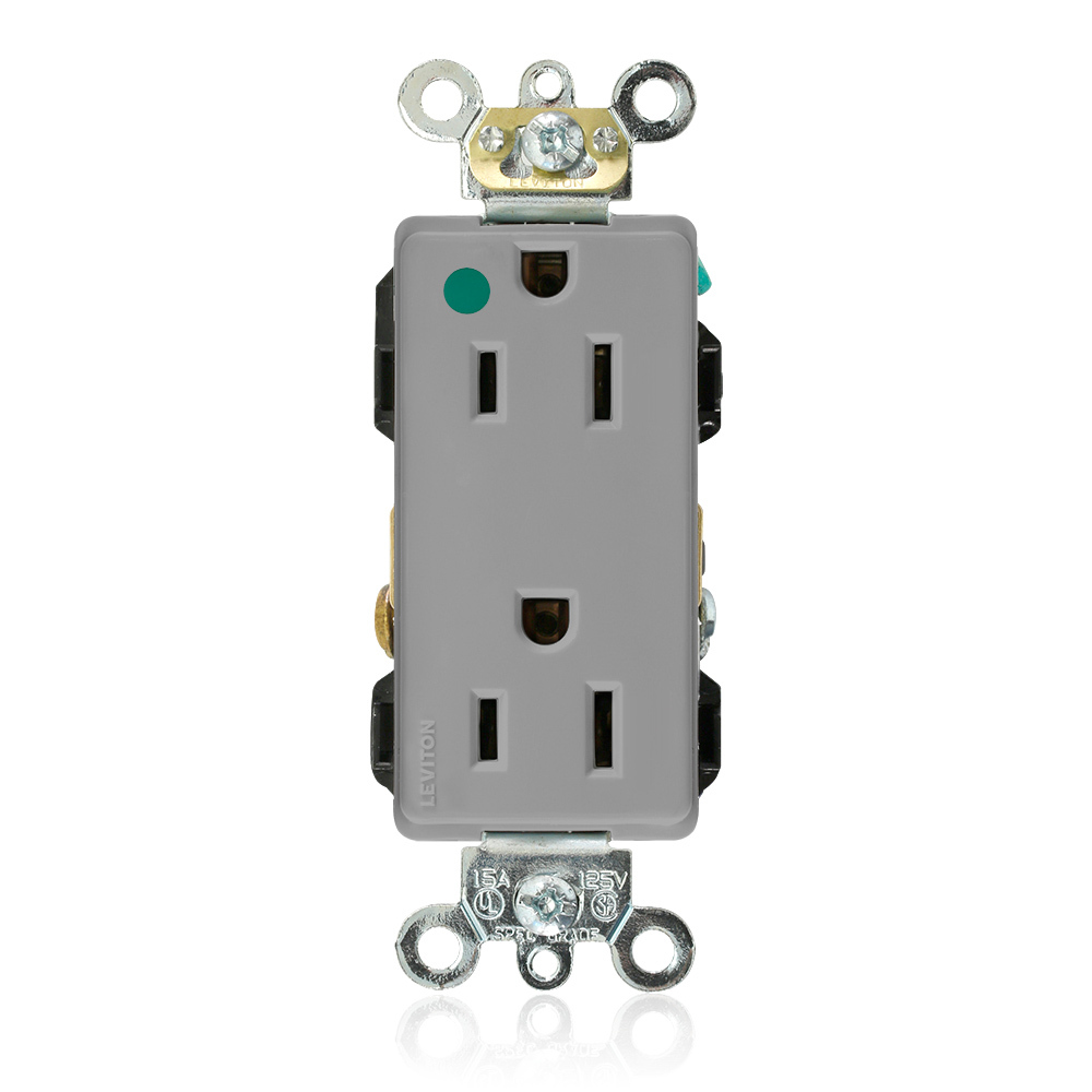 15 Amp, 125 Volt, Decora Plus Duplex Receptacle, Hospital Grade, Self Grounding, Straight Blade, Gray