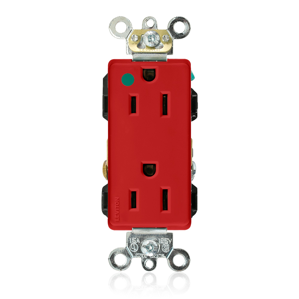15 Amp, 125 Volt, Decora Plus Duplex Receptacle, Hospital Grade, Self Grounding, Back and Side Wired, Red