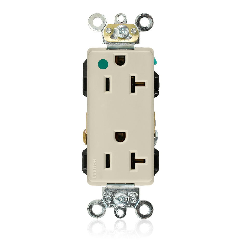20 Amp, 125 Volt, NEMA 5-20R, 2P, 3W, Decora Plus Duplex Receptacle, Straight Blade, Hospital Grade, Self Grounding, , Back & Side Wired, Steel Strap, - Ivory