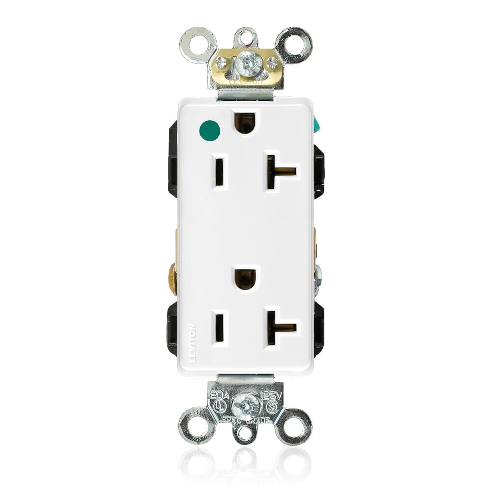 20 Amp, 125 Volt, NEMA 5-20R, 2P, 3W, Decora Plus Duplex Receptacle, Straight Blade, Hospital Grade, Self Grounding, Back & Side Wired, Steel Strap - White