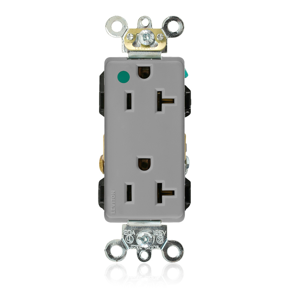 Decora Plus Duplex Receptacle Outlet, Extra Heavy-Duty Hospital Grade, Smooth Face,20 Amp, 125 Volt, Back or Side Wire, NEMA 5-20R, 2-Pole, 3-Wire, Self-Grounding - Gray