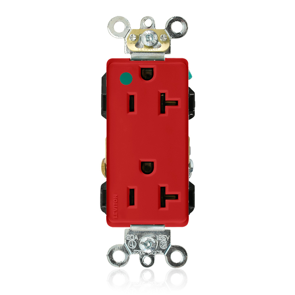 Decora Plus Duplex Receptacle Outlet, Extra Heavy-Duty Hospital Grade, Smooth Face,20 Amp, 125 Volt, Back or Side Wire, NEMA 5-20R, 2-Pole, 3-Wire, Self-Grounding - Red