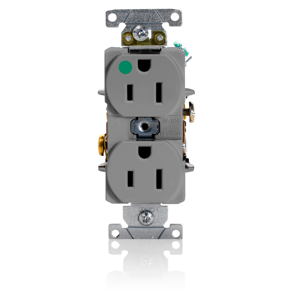 15 Amp, 125 Volt, Duplex Receptacle, Heavy Duty Hospital Grade, Straight Blade, Self Grounding, Back and Side Wired, Gray