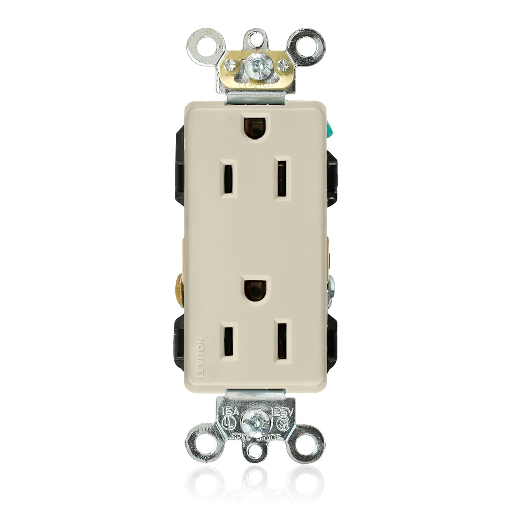 15 Amp, 125 Volt, Decora Plus Duplex Receptacle, Straight Blade, Industrial Grade, Self Grounding, Ivory