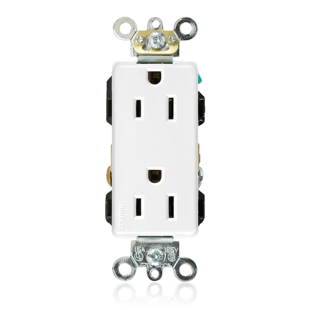 15 Amp, 125 Volt, Decora Plus Duplex Receptacle, Straight Blade, Industrial Grade, Self Grounding, White