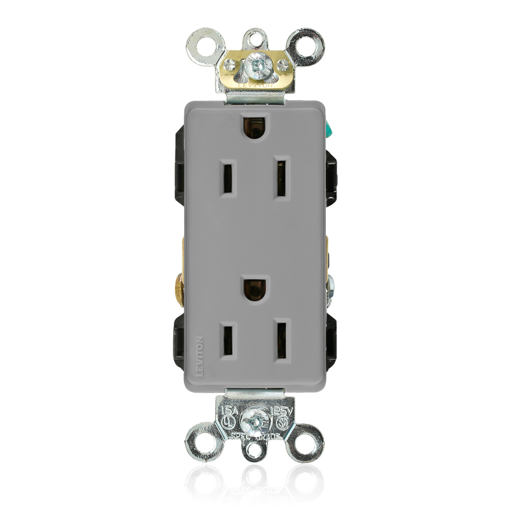 15 Amp, 125 Volt, Decora Plus Duplex Receptacle, Straight Blade, Industrial Grade, Self Grounding, Gray