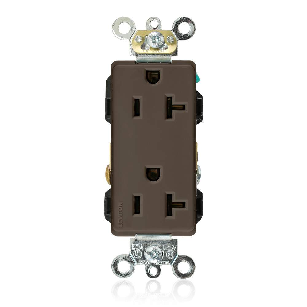 20-Amp, 125-Volt, Decora Plus Duplex Receptacle, Straight Blade, Industrial Grade, Self Grounding, Brown