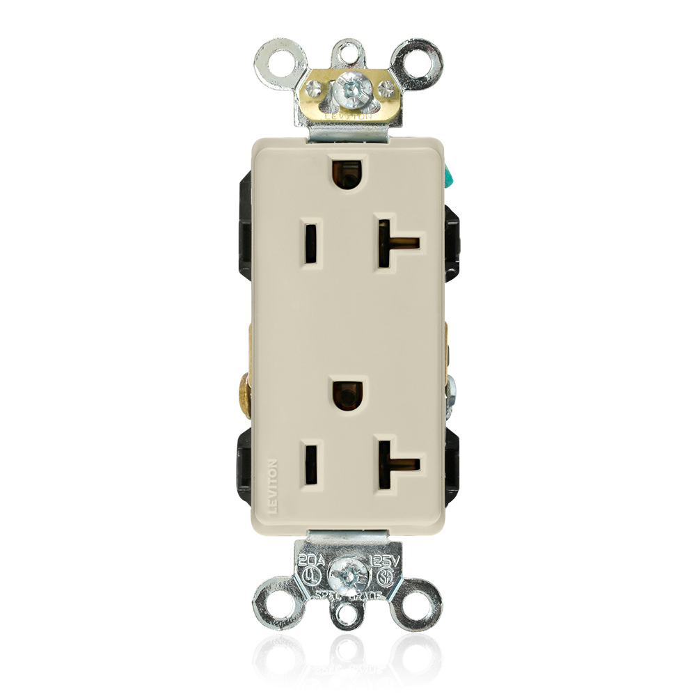 20-Amp, 125-Volt, Decora Plus Duplex Receptacle, Straight Blade, Industrial Grade, Self Grounding, Ivory