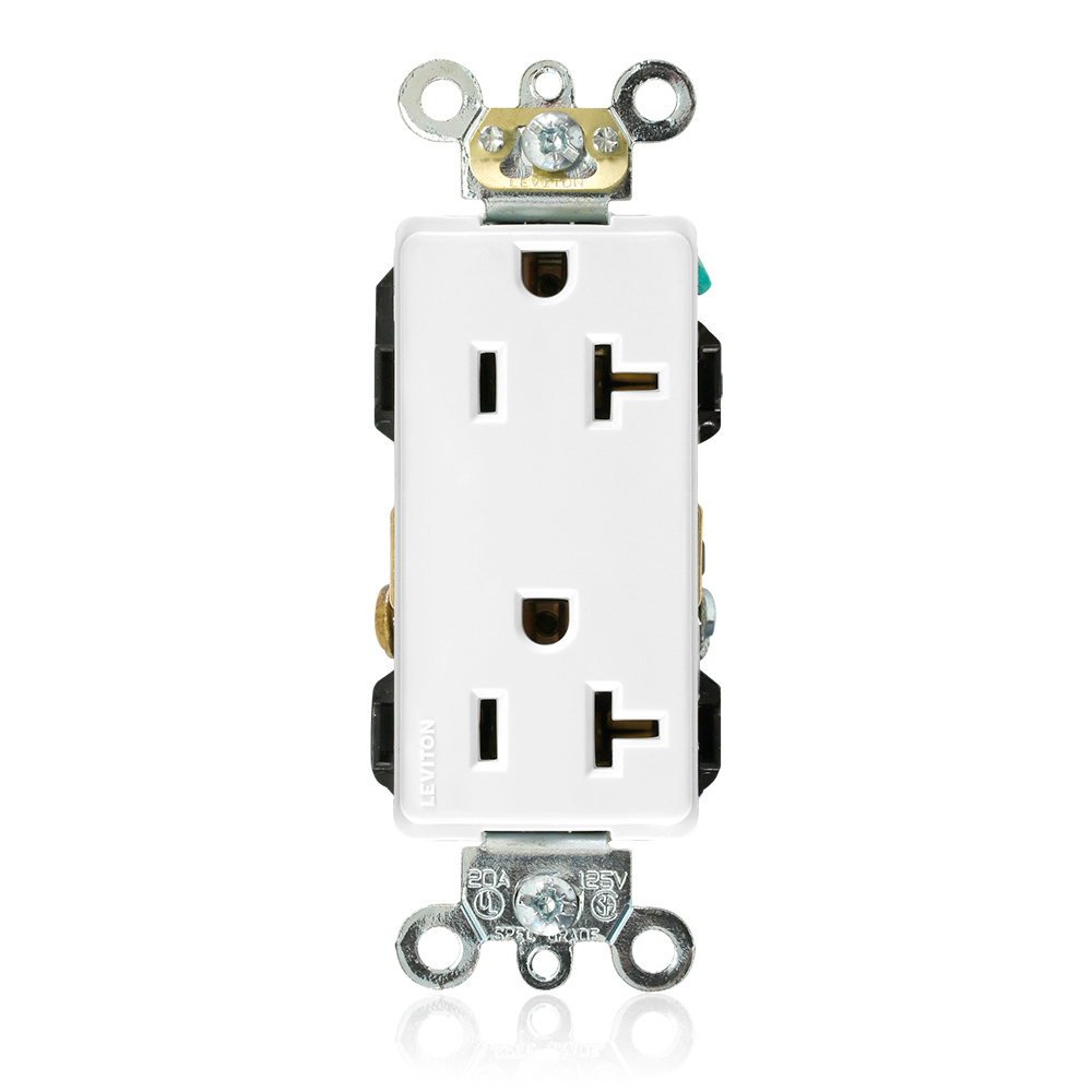 20-Amp, 125-Volt, Decora Plus Duplex Receptacle, Straight Blade, Industrial Grade, Self Grounding, White