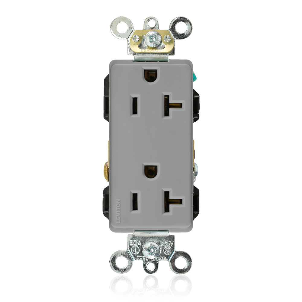 20-Amp, 125-Volt, Decora Plus Duplex Receptacle, Straight Blade, Industrial Grade, Self Grounding, Gray